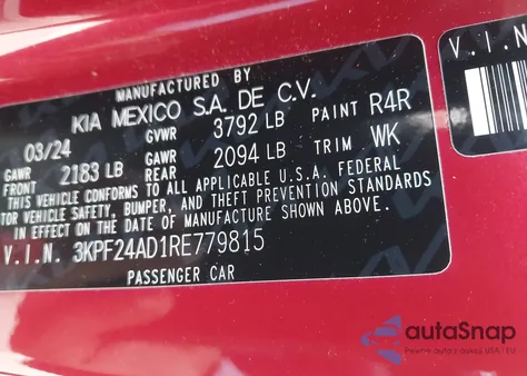 2024 Kia Forte Lxs from USA, damaged, VIN 3KPF24AD1RE779815